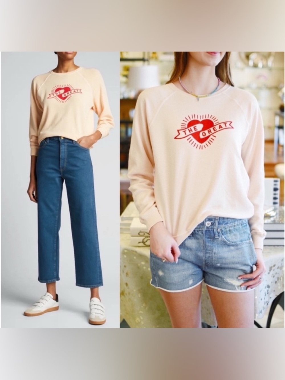 THE GREAT Shrunken Graphic Heart Sweatshirt Sz 1(Small) Whisper Pink 100% Cotton
